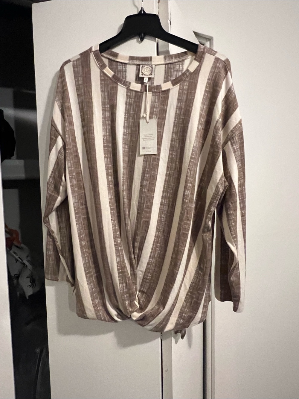 True self Twist-Front Striped Tunic Top in Brown & Cream